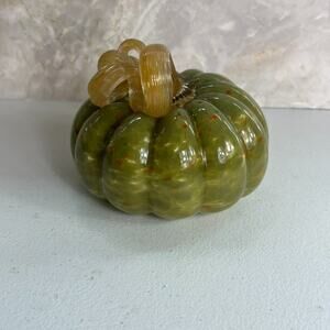 Hand Blown Art Glass Pumpkin Twist Stem Orange & Green 5" Fall Holiday Decor